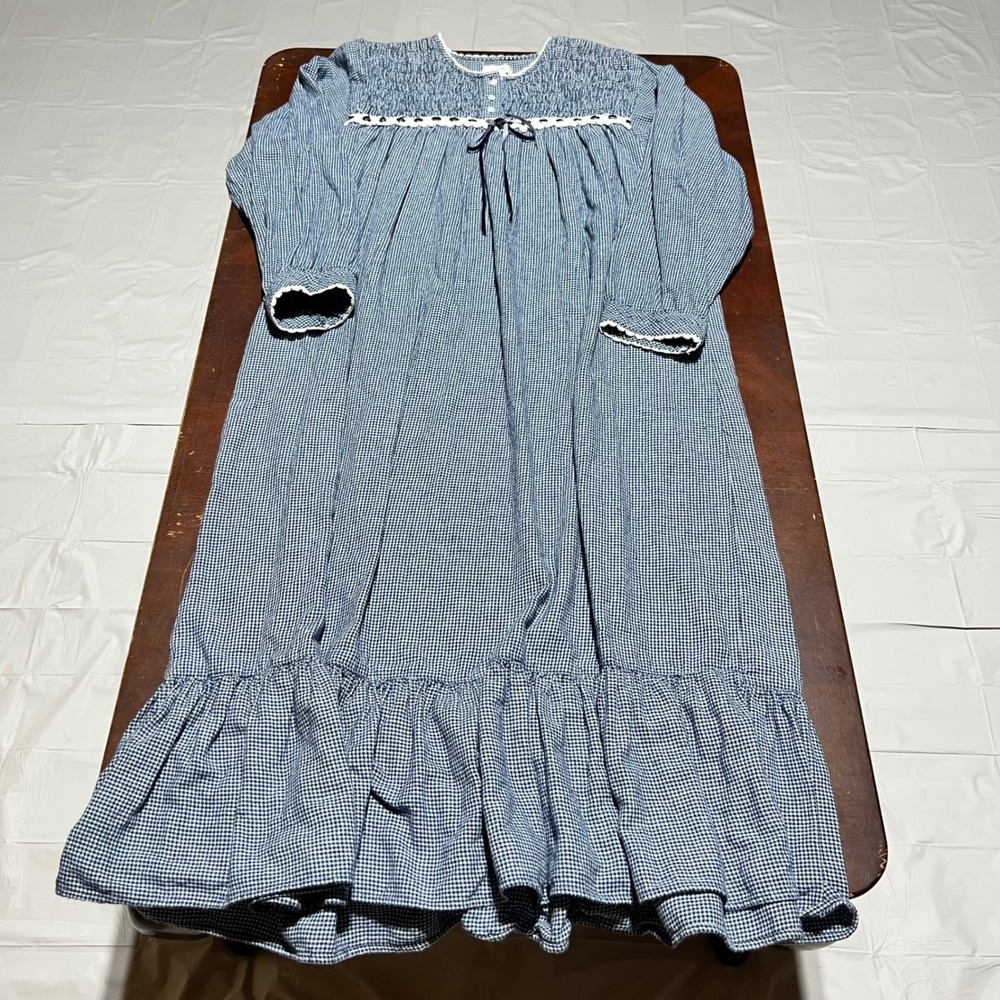 Fundamentals Vintage Blue Houndstooth Cotton Smocked Lace Nightgown Womens L